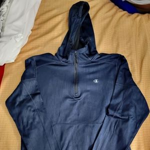 USED Champion Men's 1/2 Zip Blue Pullover Activewear Hoodie with Pocket Size L
